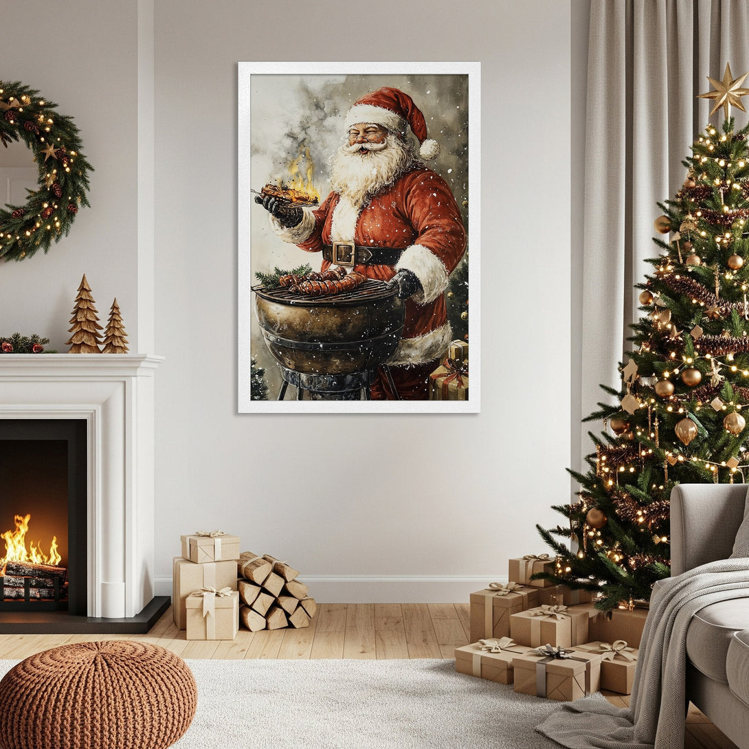 Framed Poster featuring Santa grilling, watercolor style, warm red & neutral tones, perfect Christmas decor.
