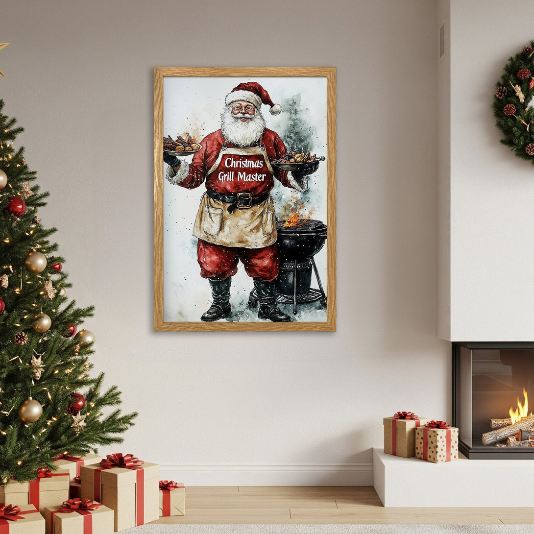 Framed Poster of Santa grilling. Watercolor style, festive red & gold palette. Perfect Christmas decor!