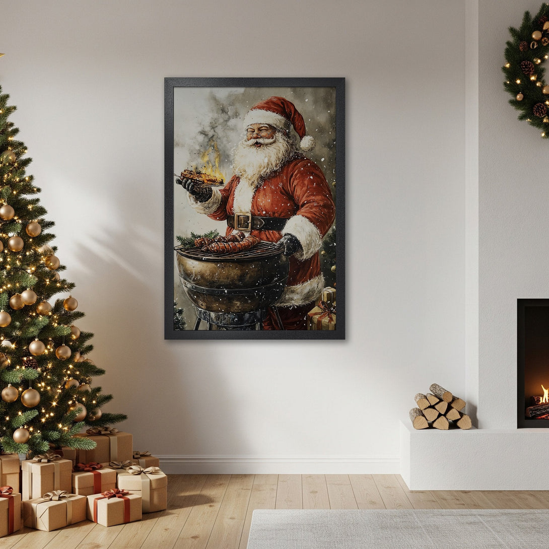Framed Poster featuring Santa grilling. Watercolor style, warm red and neutral color palette. Perfect Christmas decor!