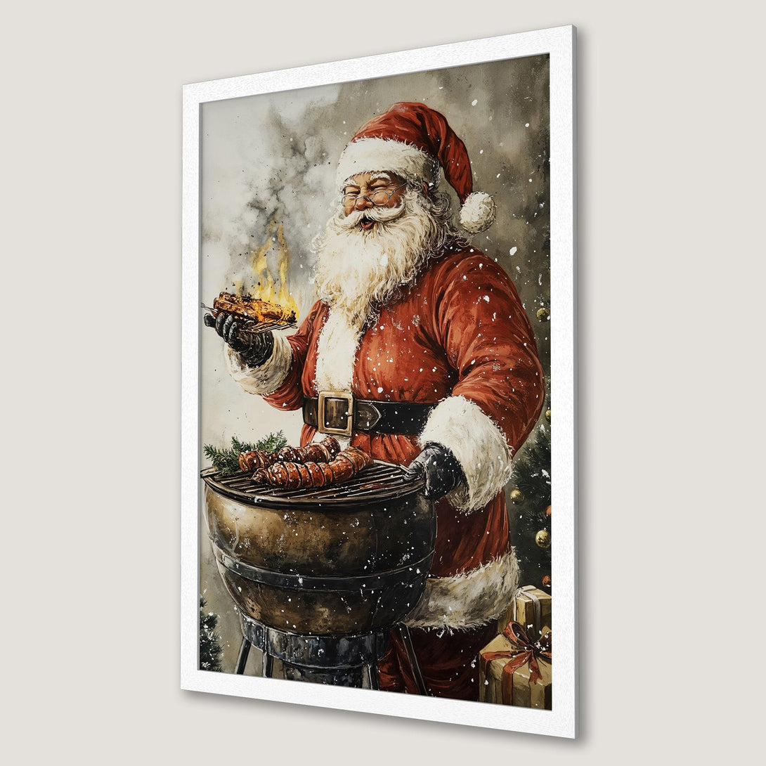 Framed Poster featuring Santa grilling, watercolor style, red & white palette, perfect Christmas decor!
