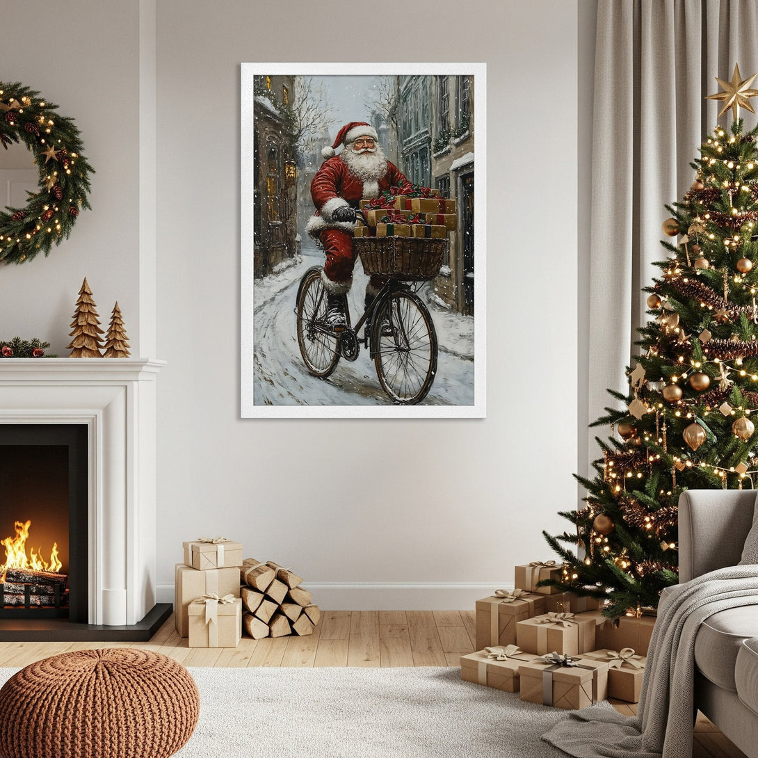 Framed Poster of Santa Claus on a bike, vintage style, with a warm red and white color palette. Perfect Christmas decor!