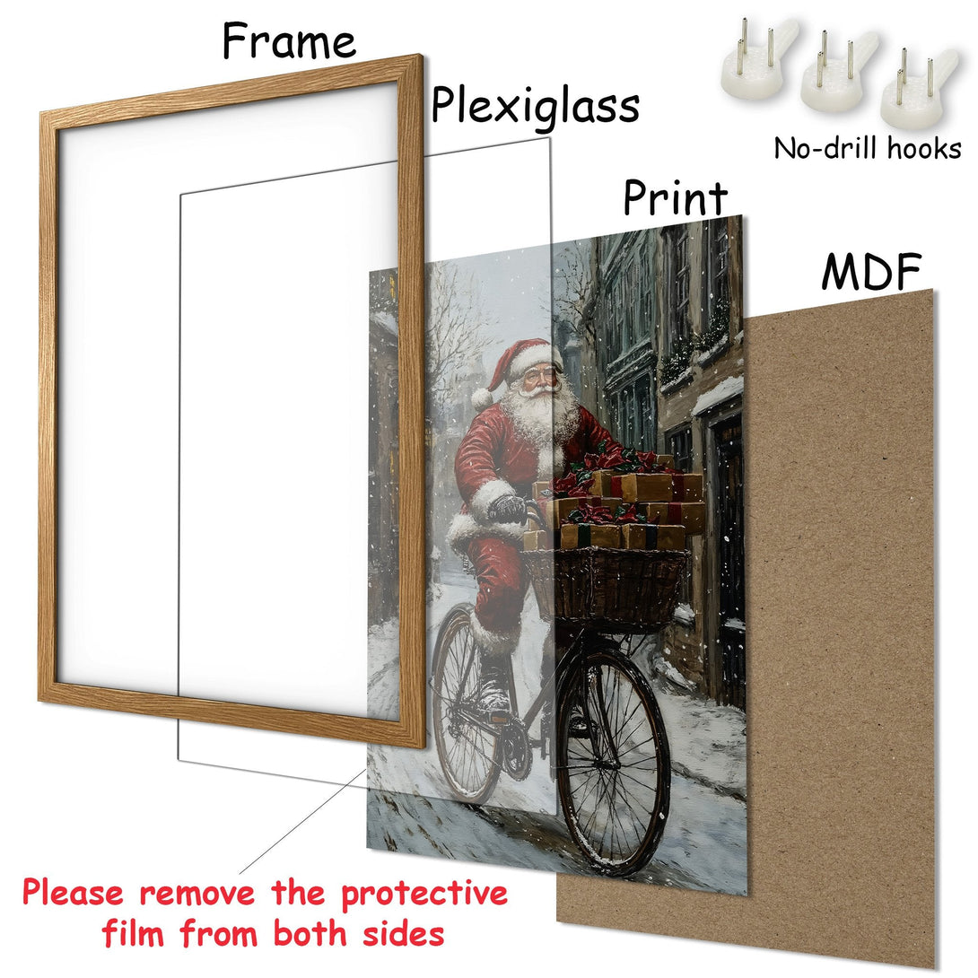 Framed Poster featuring Santa on a bicycle, winter scene with a warm color palette. Perfect Christmas decor!