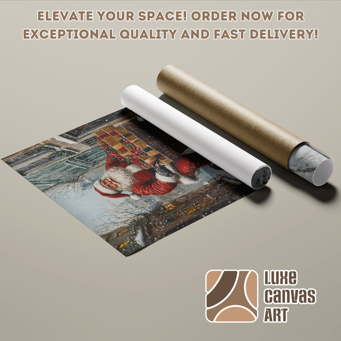 Christmas Poster Roll featuring Santa in a snowy scene, warm colors. Elevate your space!