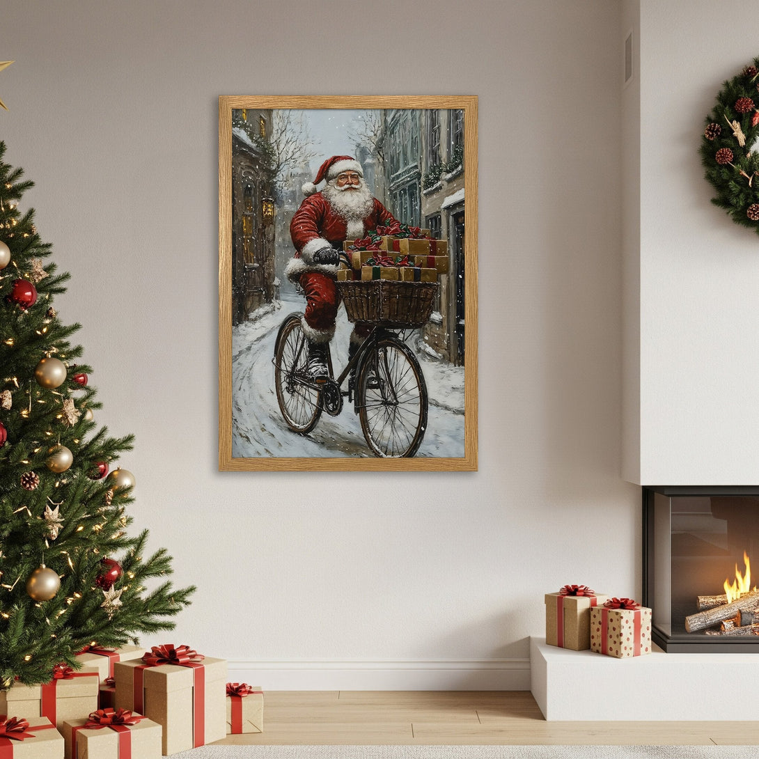 Framed Poster featuring Santa on a bike, vintage style, warm reds & browns for a cozy Christmas vibe. Perfect holiday decor!