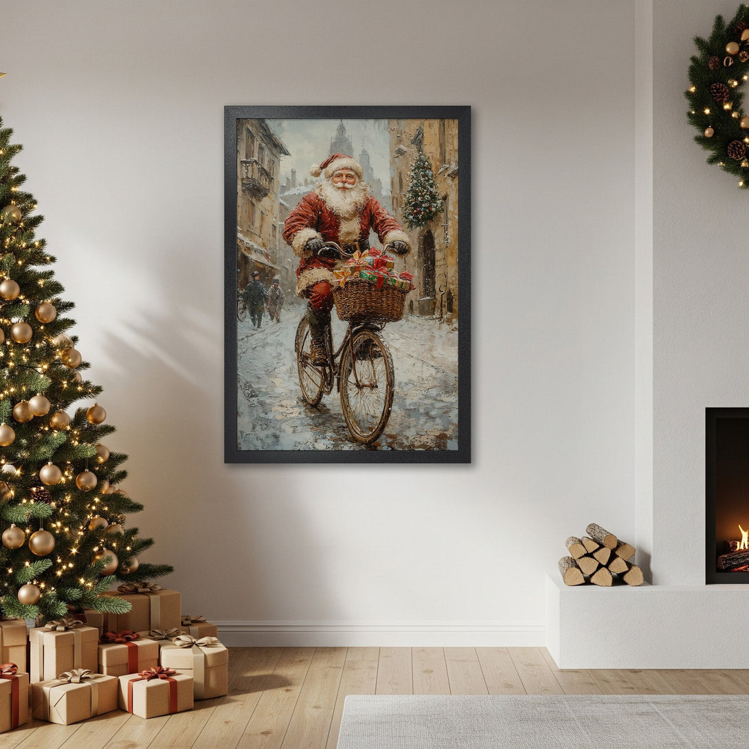 Framed Poster featuring Santa Claus on a bicycle, painted in a classic style with a warm, festive color palette. Perfect Christmas decor!