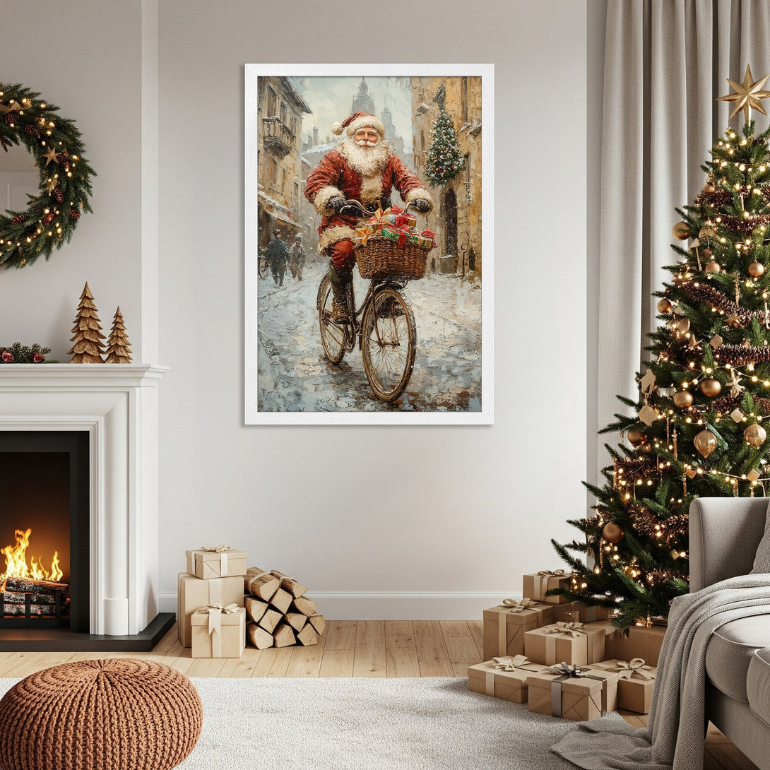 Framed Poster featuring Santa Claus on a bicycle, in a wintery street scene. Warm, festive colors and a classic painting style. Perfect holiday decor!