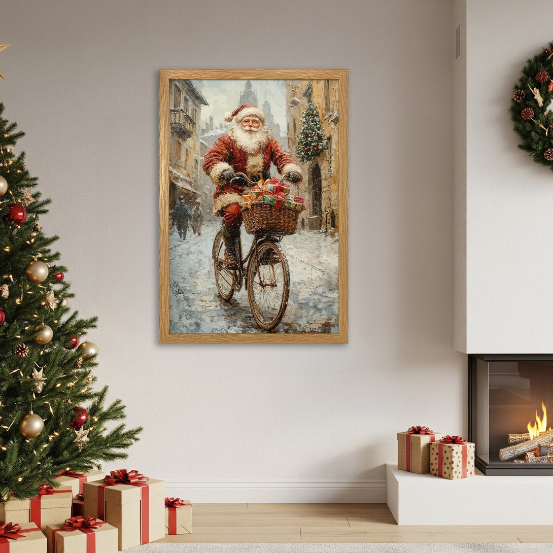 Framed Poster featuring Santa Claus on a bicycle, painted in a vintage style with a warm, festive color palette. Perfect Christmas decor!