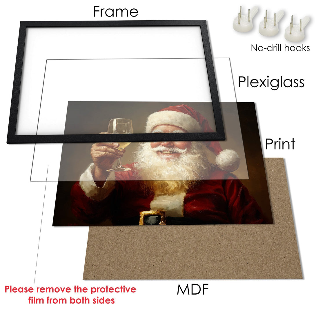 Framed Poster featuring Santa Claus, a festive painting in warm red and gold tones. Perfect Christmas decor!