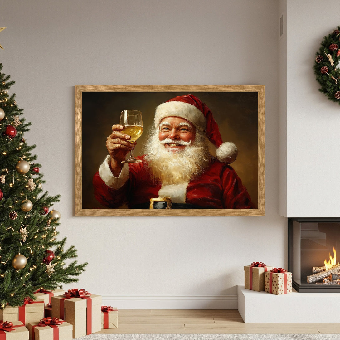 Framed Poster featuring Santa Claus in a classic painting style. Warm red and gold color palette, perfect Christmas decor!