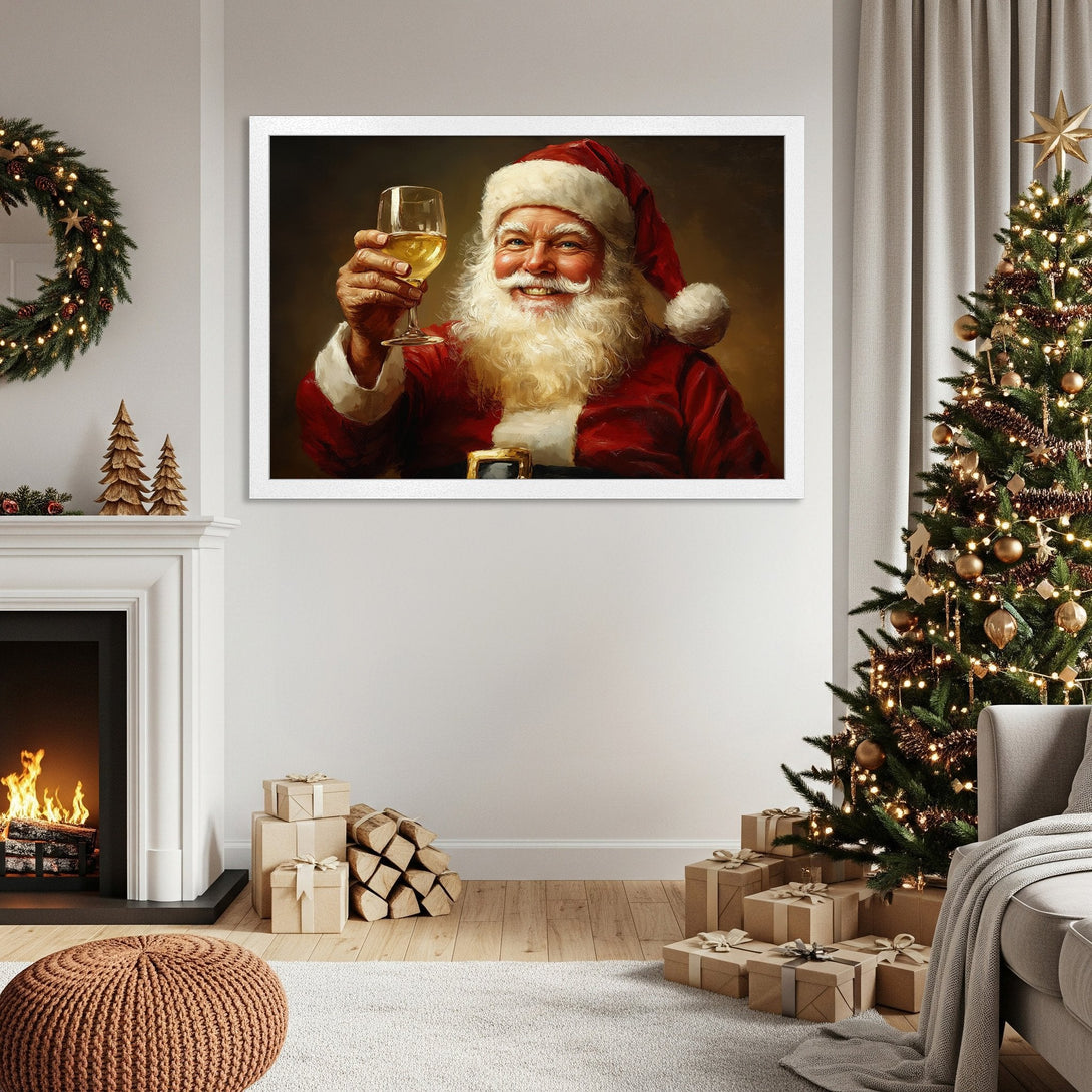 Framed Poster featuring Santa Claus, warm color palette, festive art for Christmas decor.