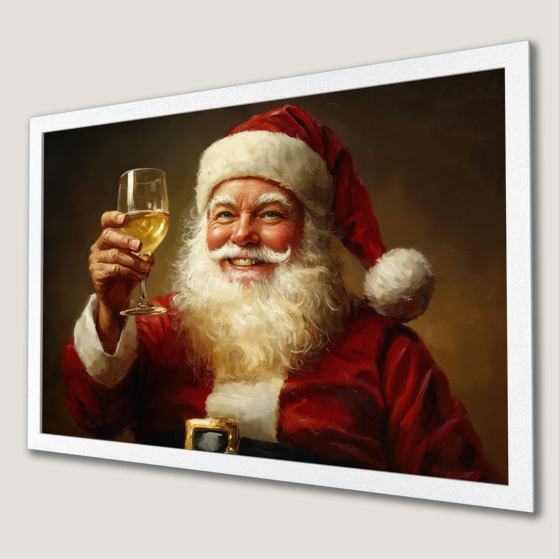 Framed Poster featuring Santa Claus toasting with a glass of wine. Warm red, gold, and white color palette, perfect for holiday decor.