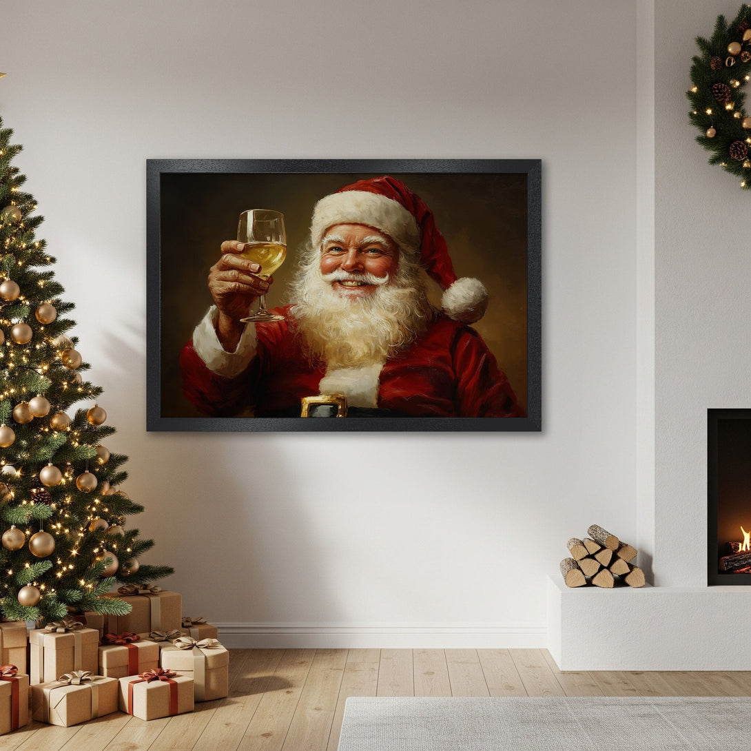 Framed Poster featuring Santa Claus toasting with a glass of wine. Festive artwork in red, white, and gold tones. Perfect Christmas decor!