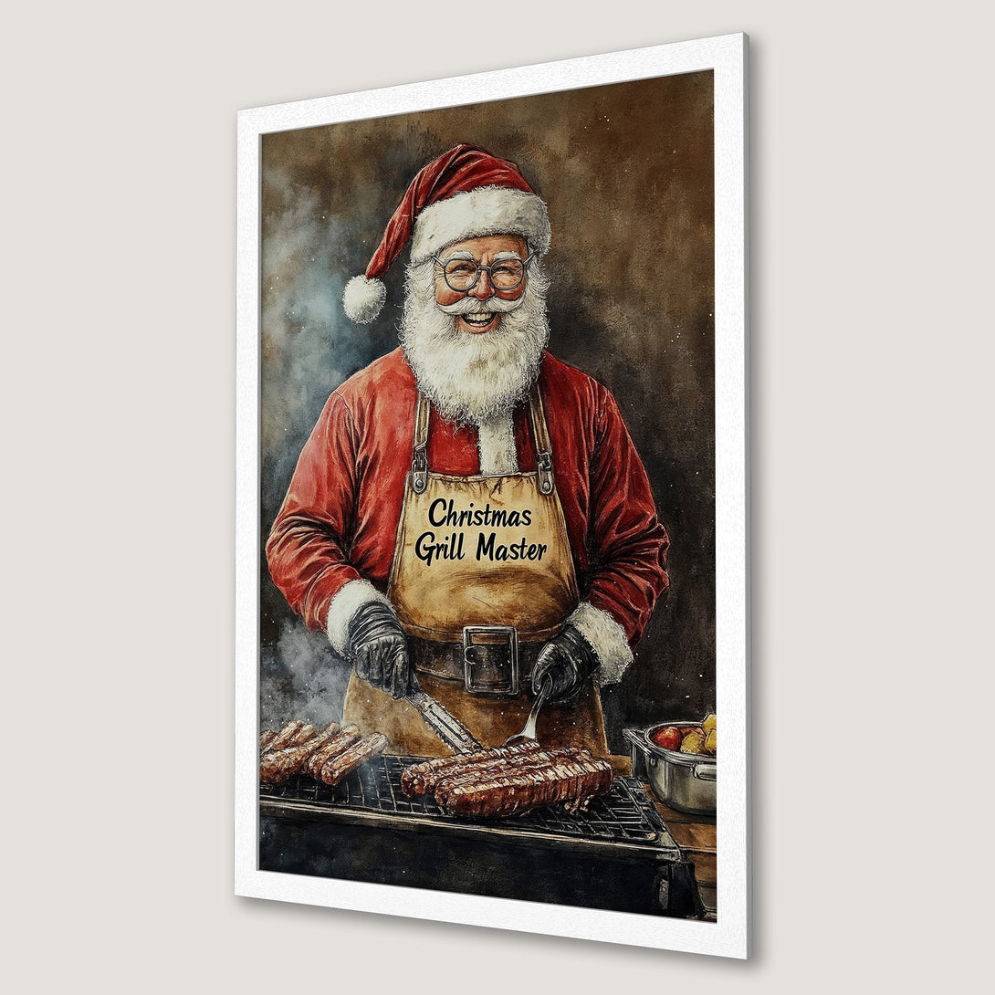 Framed Poster of Santa grilling, watercolor style, warm red & brown tones. Festive Christmas decor!