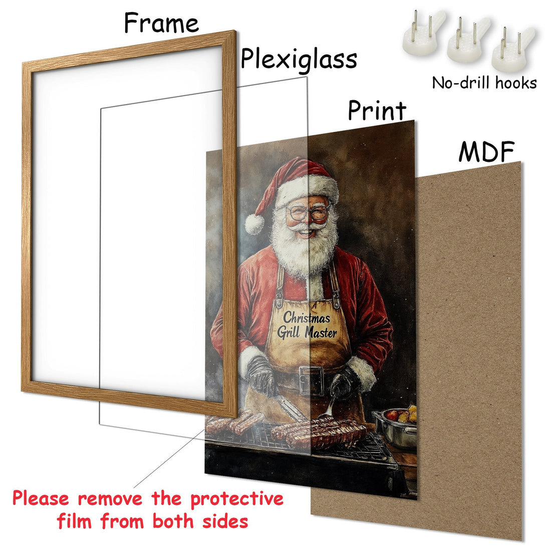 Framed Poster featuring Santa as a Grill Master, warm colors, perfect for Christmas decor. Add festive cheer to your space!