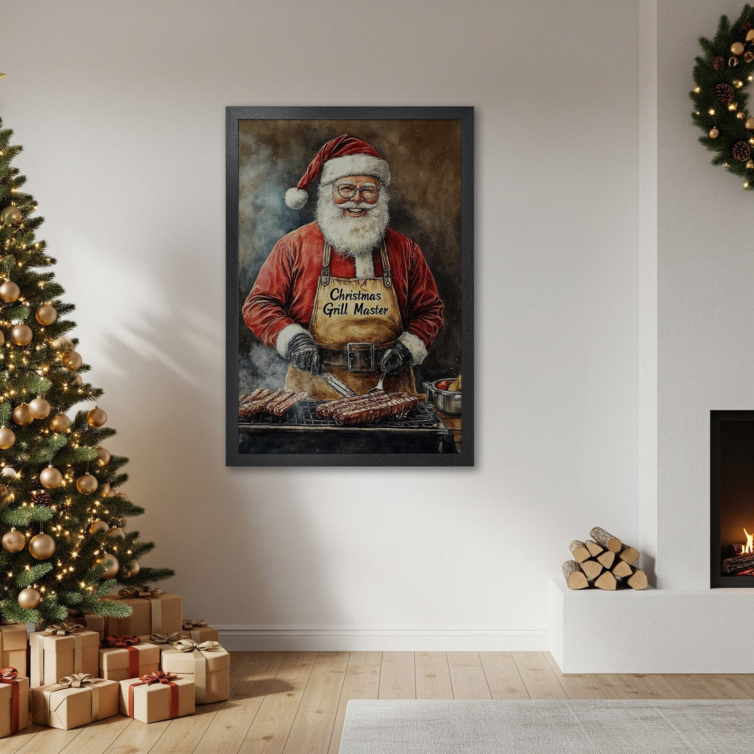 Framed Poster of Santa grilling, watercolor style, warm red & brown palette, perfect Christmas decor.