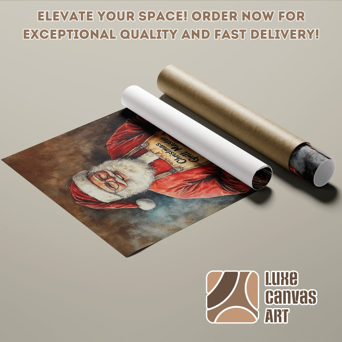 Christmas Santa Claus Poster Roll, watercolor style, warm red & brown tones. Order now!