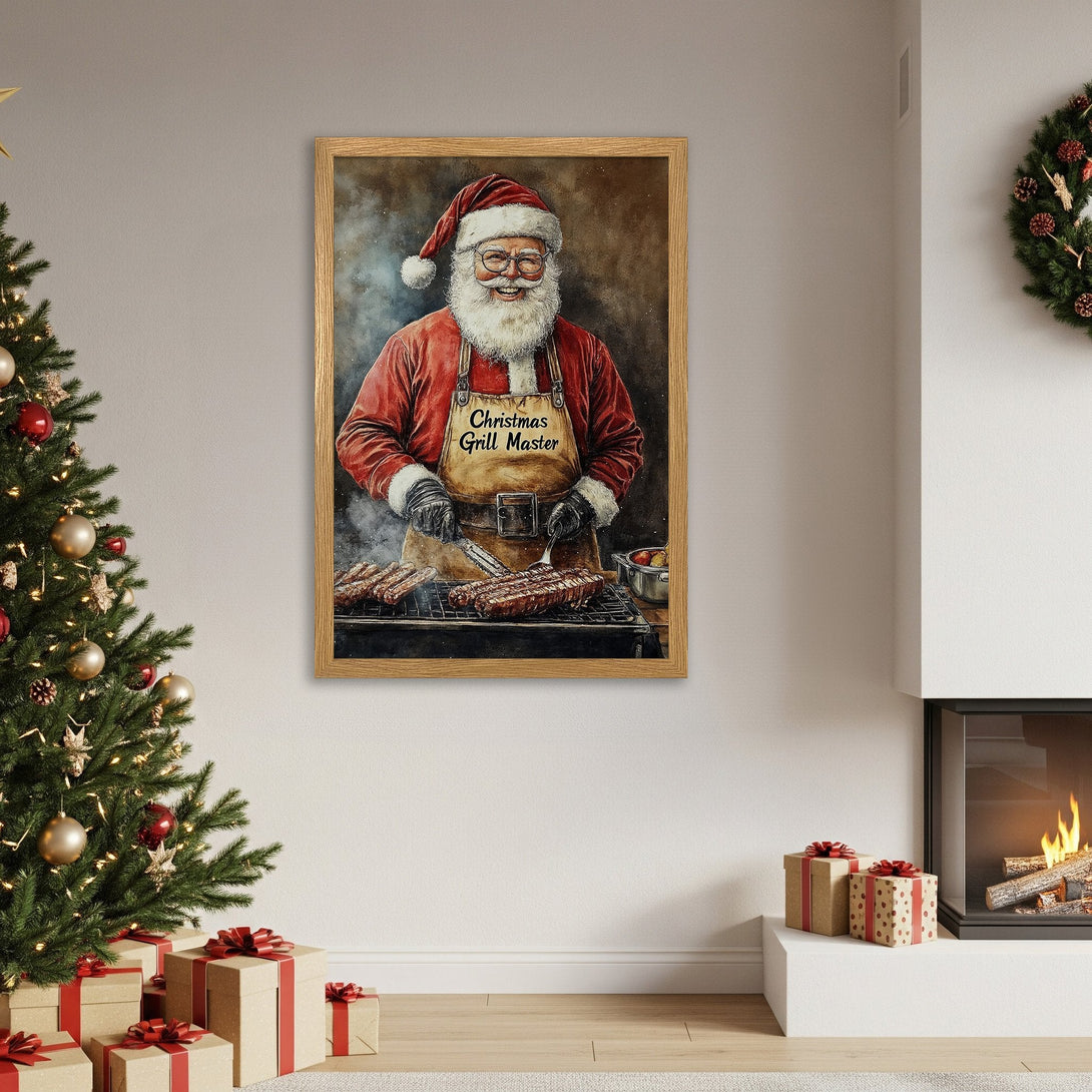 Framed Poster of Santa grilling, festive style with red and brown tones, perfect for Christmas decor.