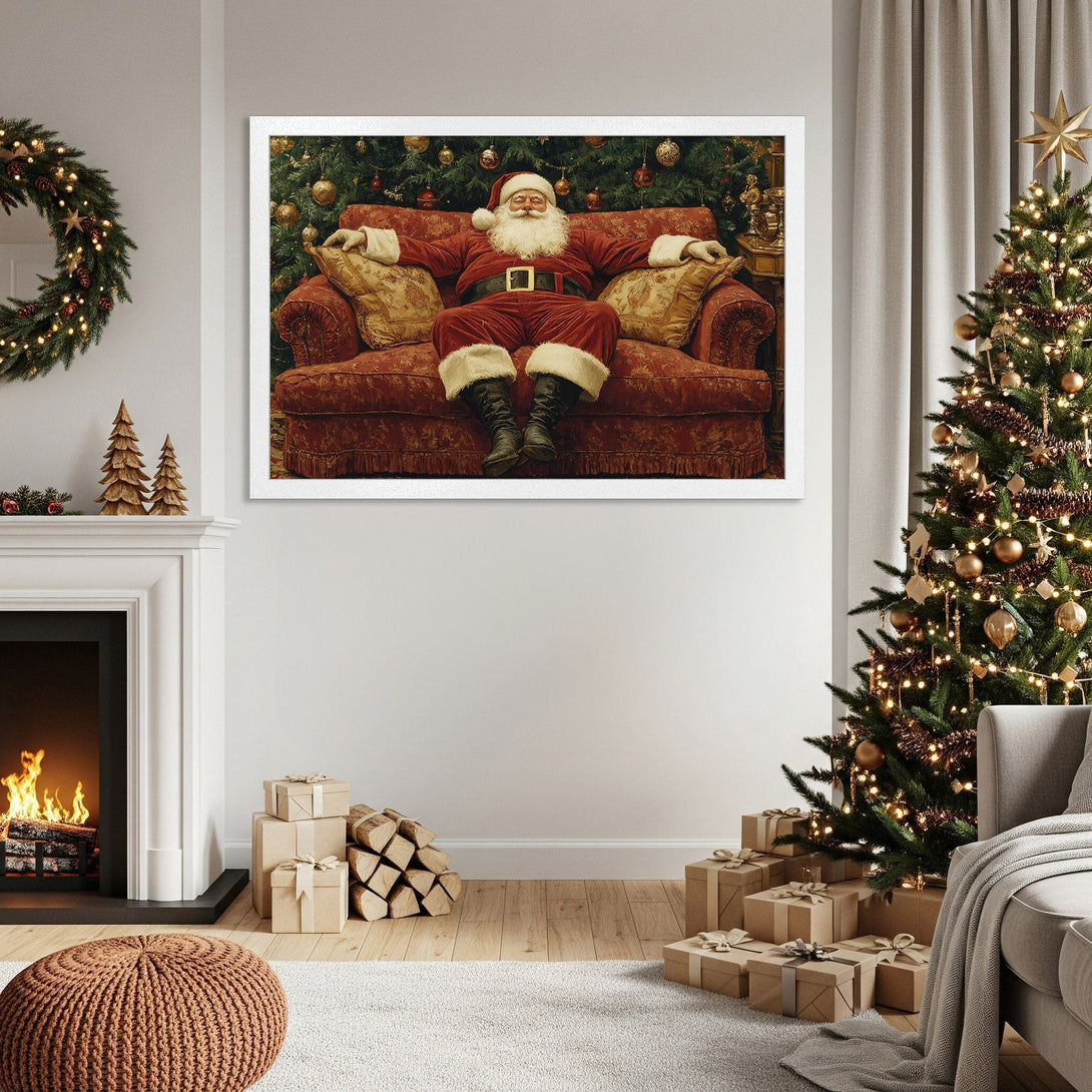 Framed Poster of Santa Claus relaxing in a cozy, warm room. Classic style with a red, gold, and green Christmas color palette.