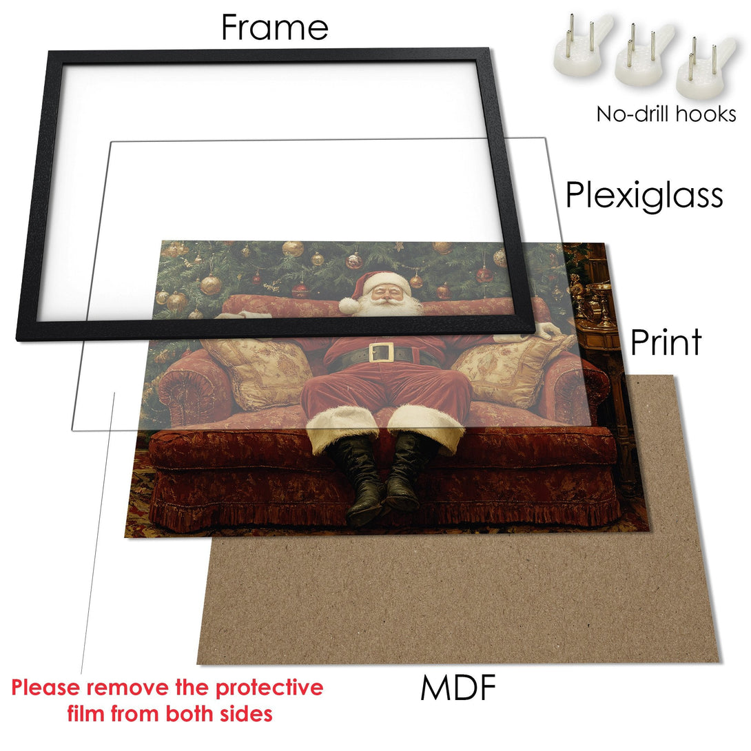 Framed Poster featuring Santa Claus relaxing on a sofa, warm colors and classic style, perfect Christmas decor.