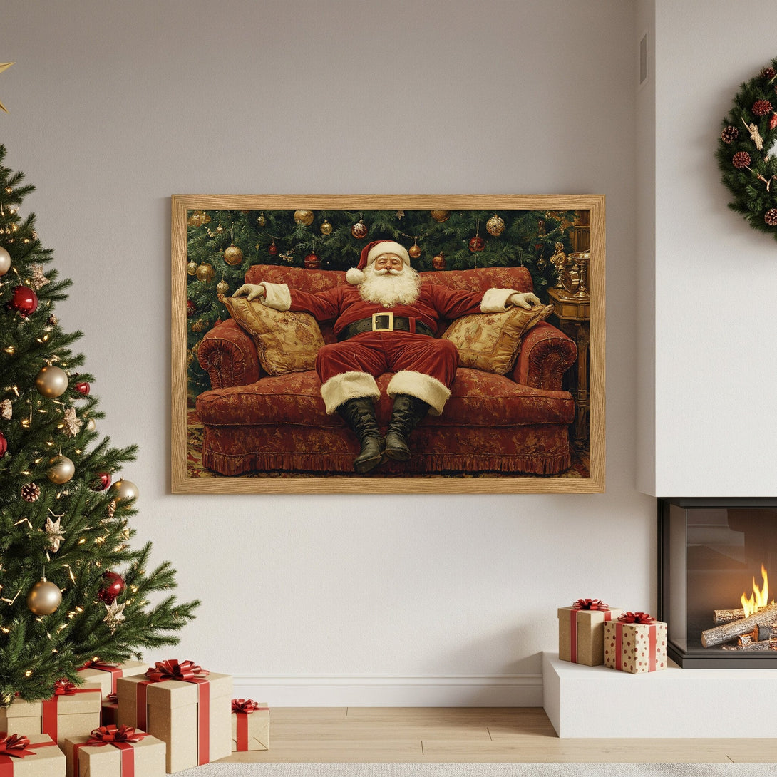 Framed Poster featuring Santa Claus on a red couch, warm tones. Perfect Christmas decor!