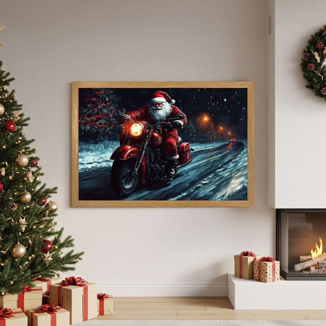 Framed Poster of Santa on a motorcycle, winter scene, red & blue color palette, perfect Christmas decor.