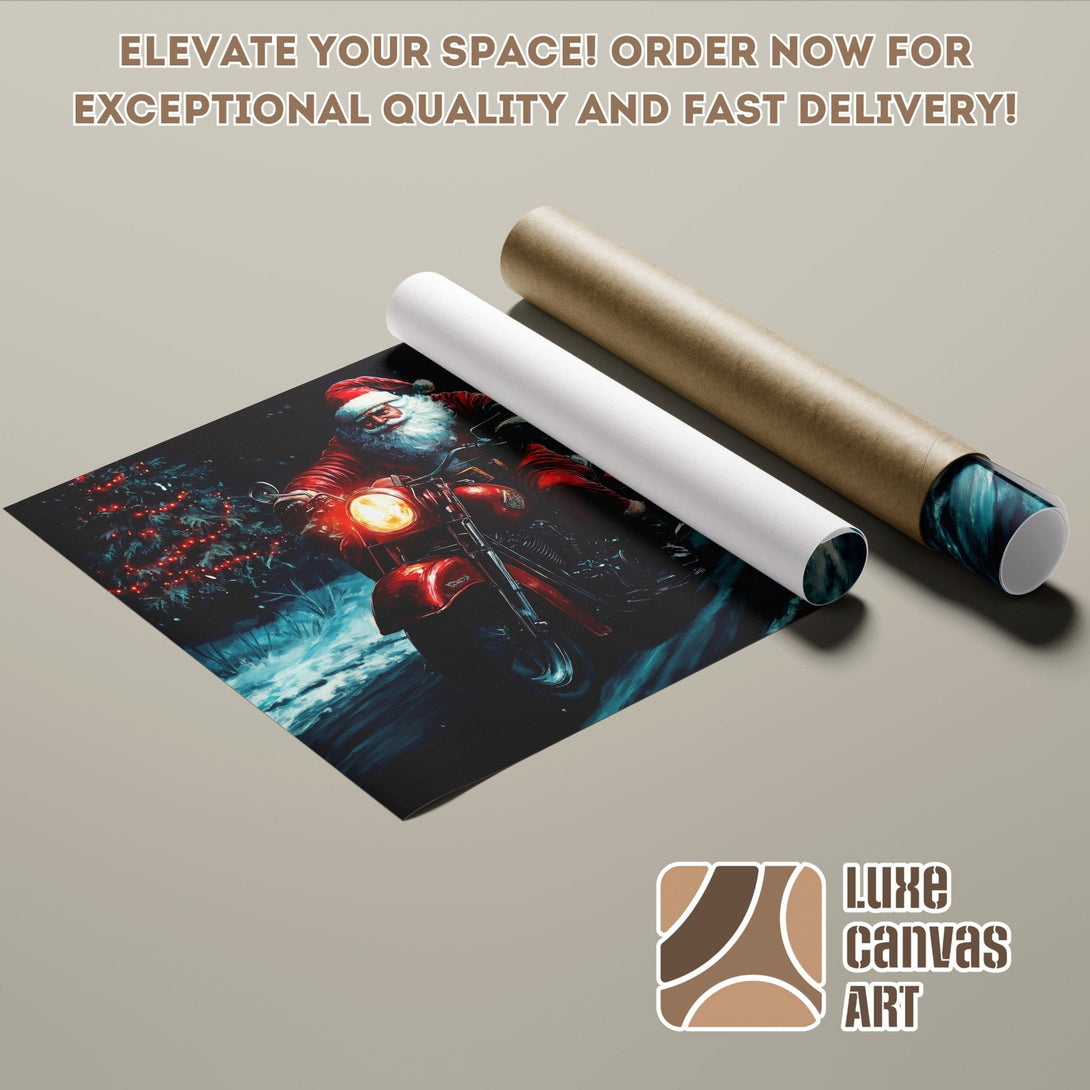 Santa on a motorcycle poster roll, dark, artistic style, red & blue color palette. Order now!