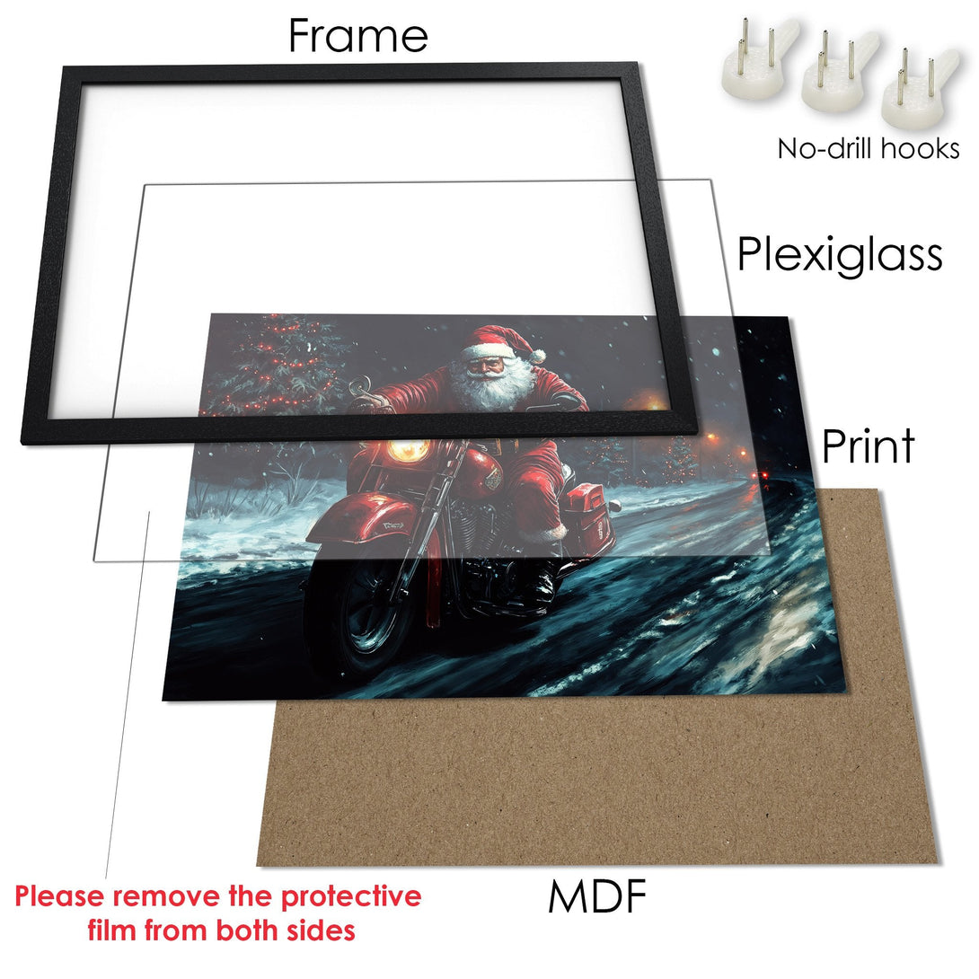 Framed Poster featuring Santa on a motorcycle. Winter scene with red and blue tones. Perfect Christmas decor!
