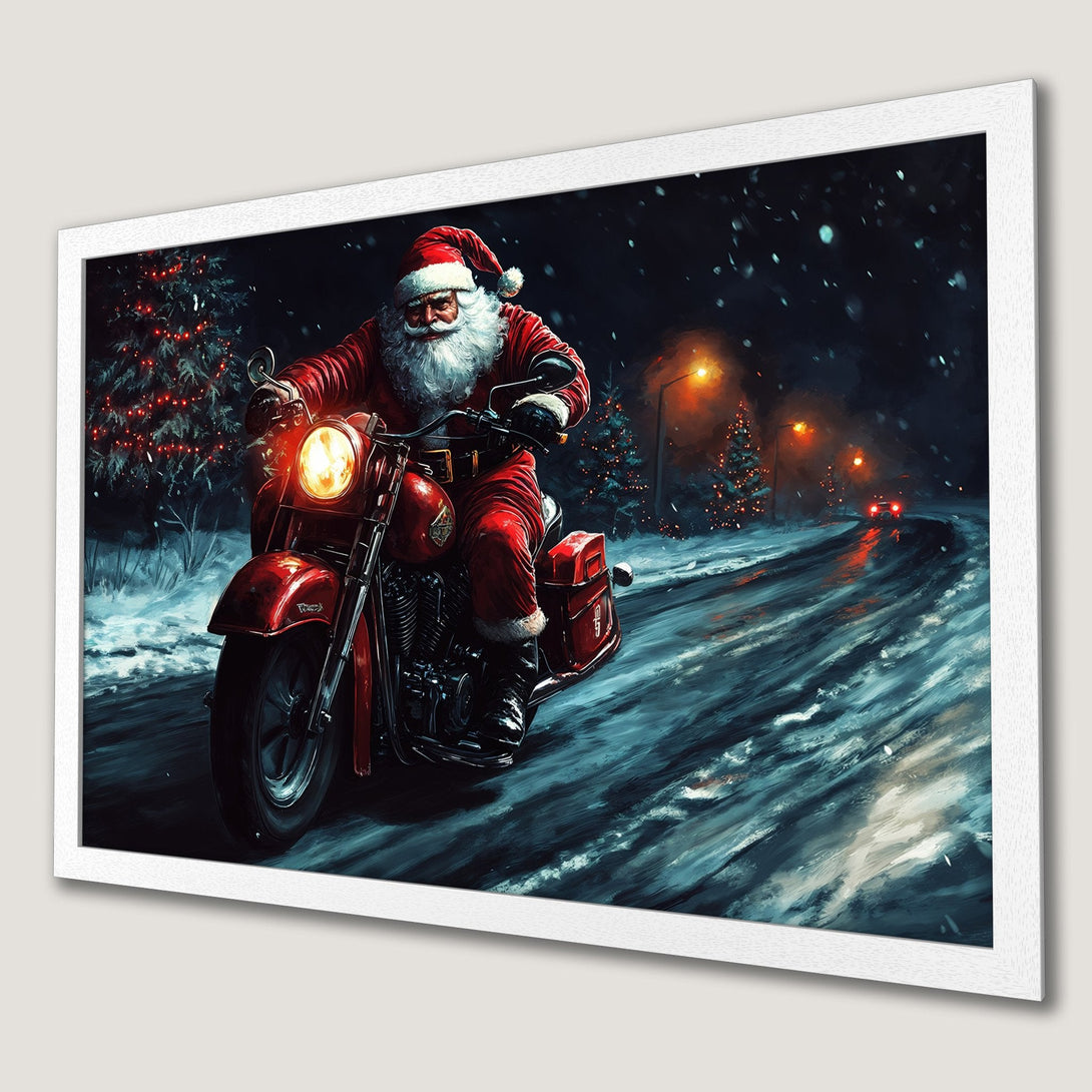 Framed Poster featuring Santa Claus on a motorcycle, winter scene with a dark, moody palette. Perfect Christmas decor!