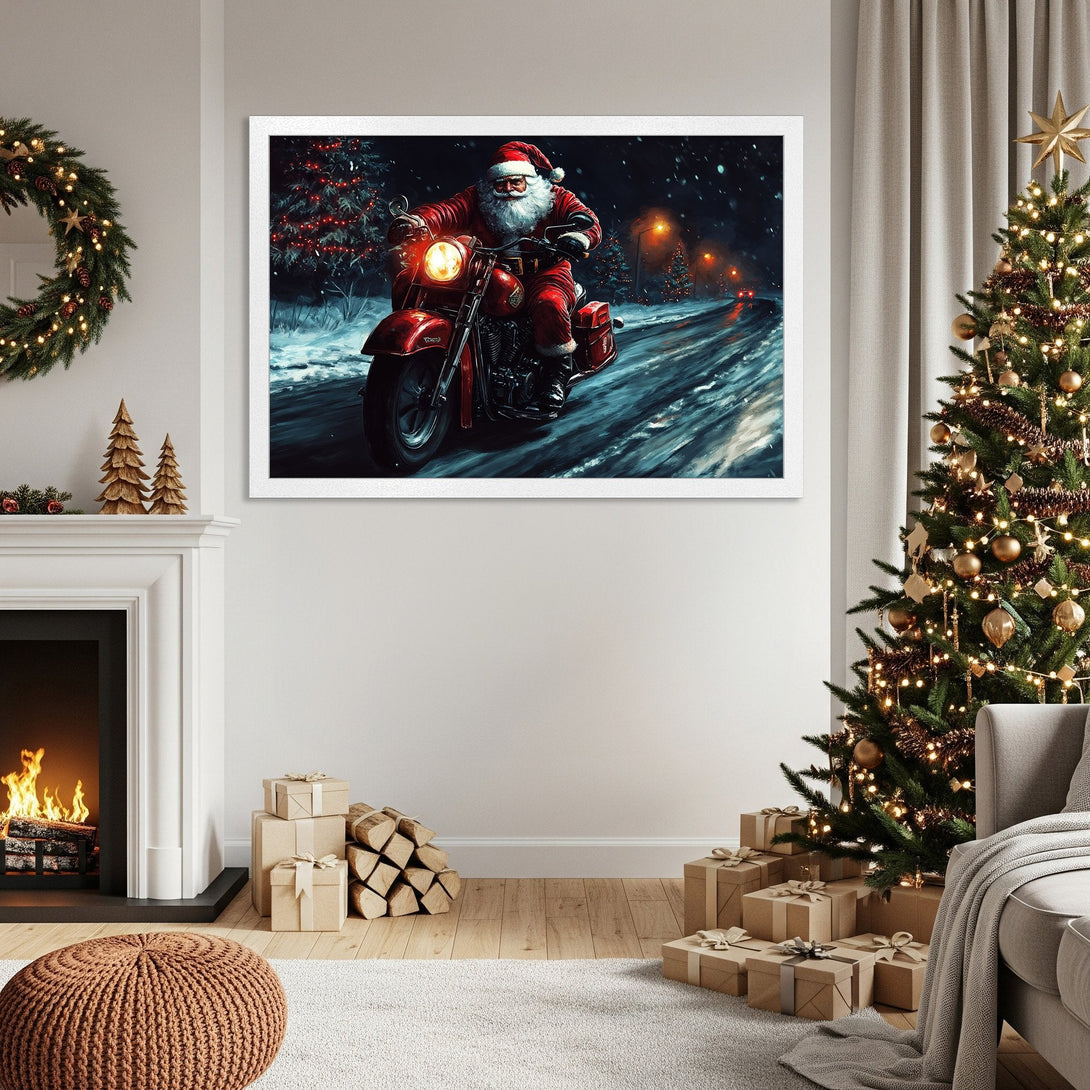Framed Poster featuring Santa Claus on a motorcycle, winter scene. Artistic style with red and blue color palette, perfect Christmas decor.