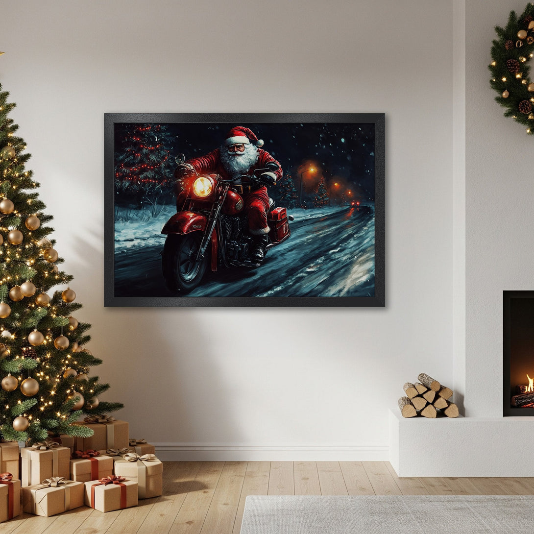 Framed Poster of Santa Claus on a motorcycle, winter scene, vibrant red and blue color palette. Perfect Christmas decor!