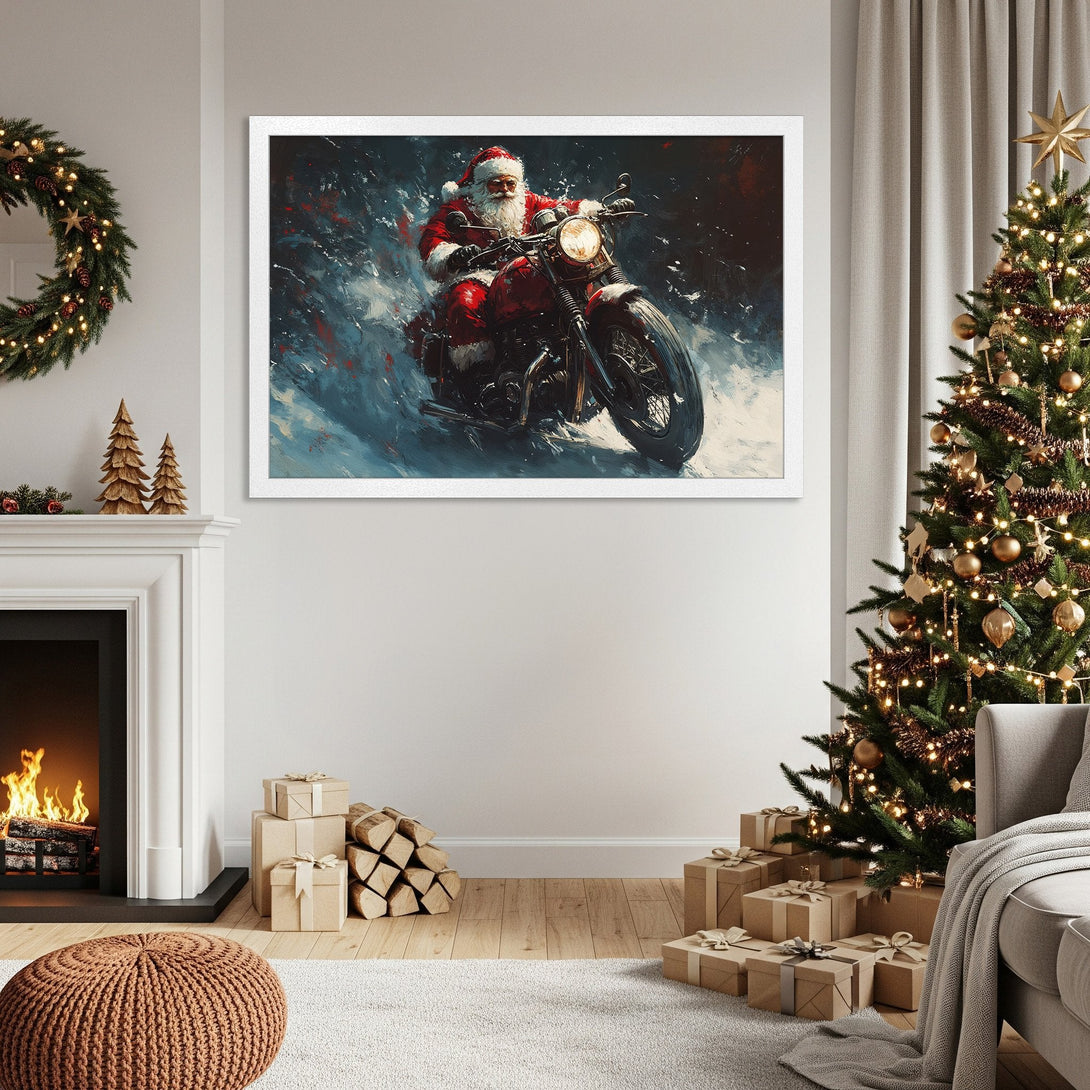 Framed Poster featuring Santa Claus on a motorcycle, abstract art style with red, blue, and white color palette. Perfect Christmas decor!