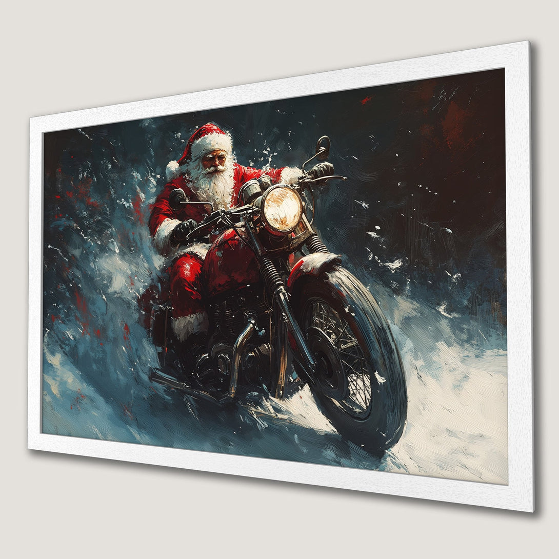 Framed Poster of Santa Claus on a motorcycle, artistic style with red, blue, and white color palette. Perfect Christmas decor!