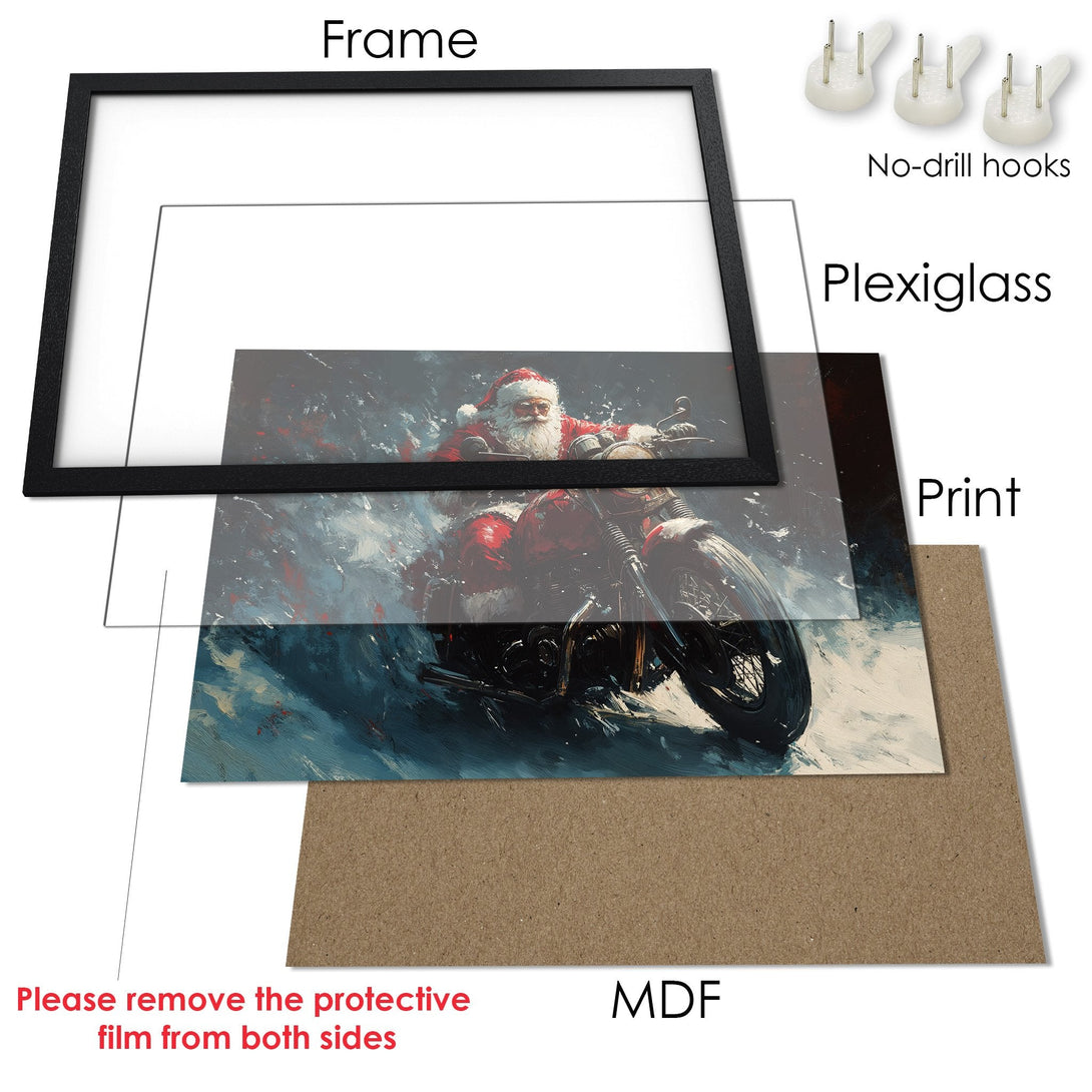 Framed Poster featuring Santa Claus on a motorcycle, artistic style with a blue and red color palette. Perfect Christmas decor!