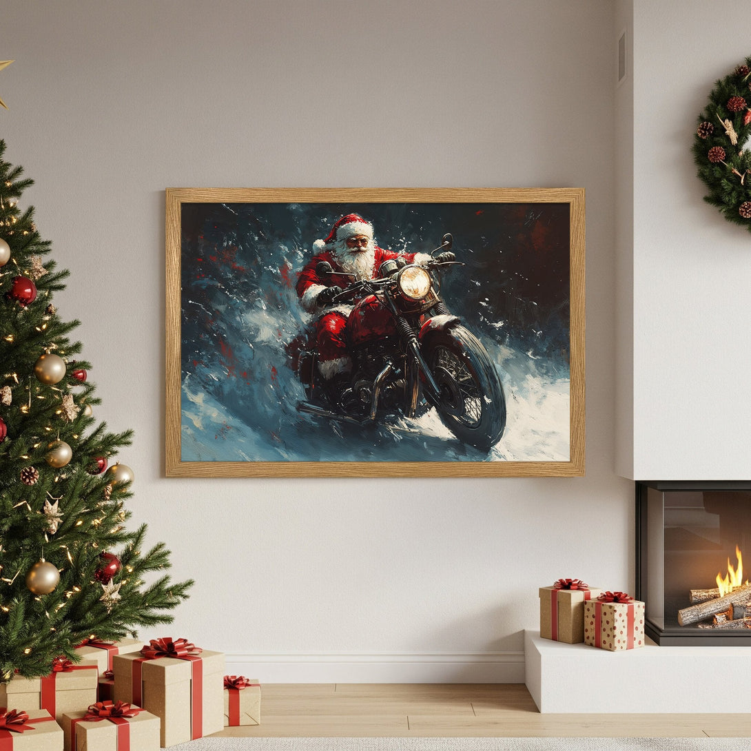 Framed Poster featuring Santa on a motorcycle, abstract style, red & blue color palette. Perfect Christmas decor!