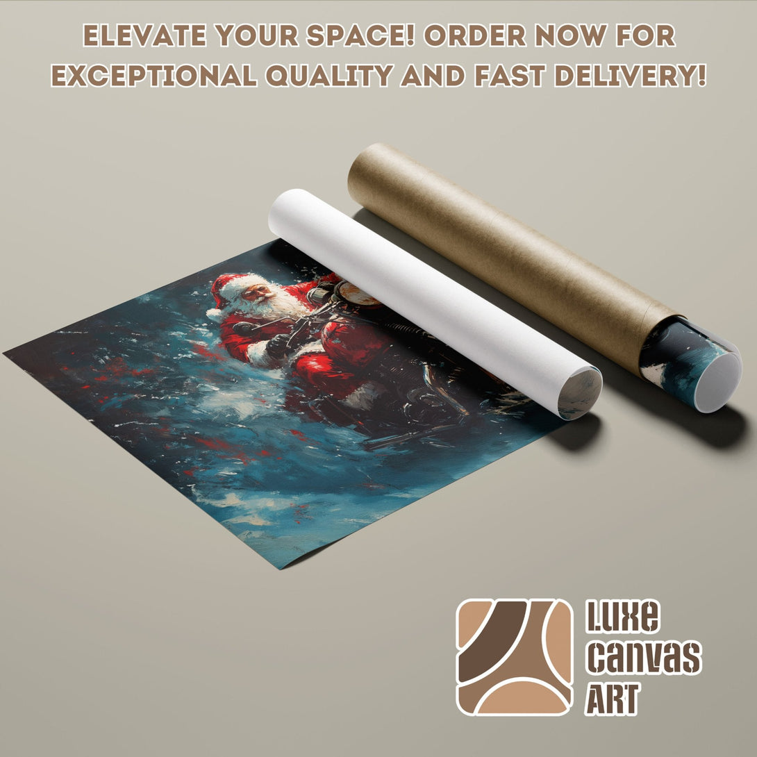 Poster Roll featuring Santa Claus on a motorcycle, in a painterly style with a blue and red color palette.