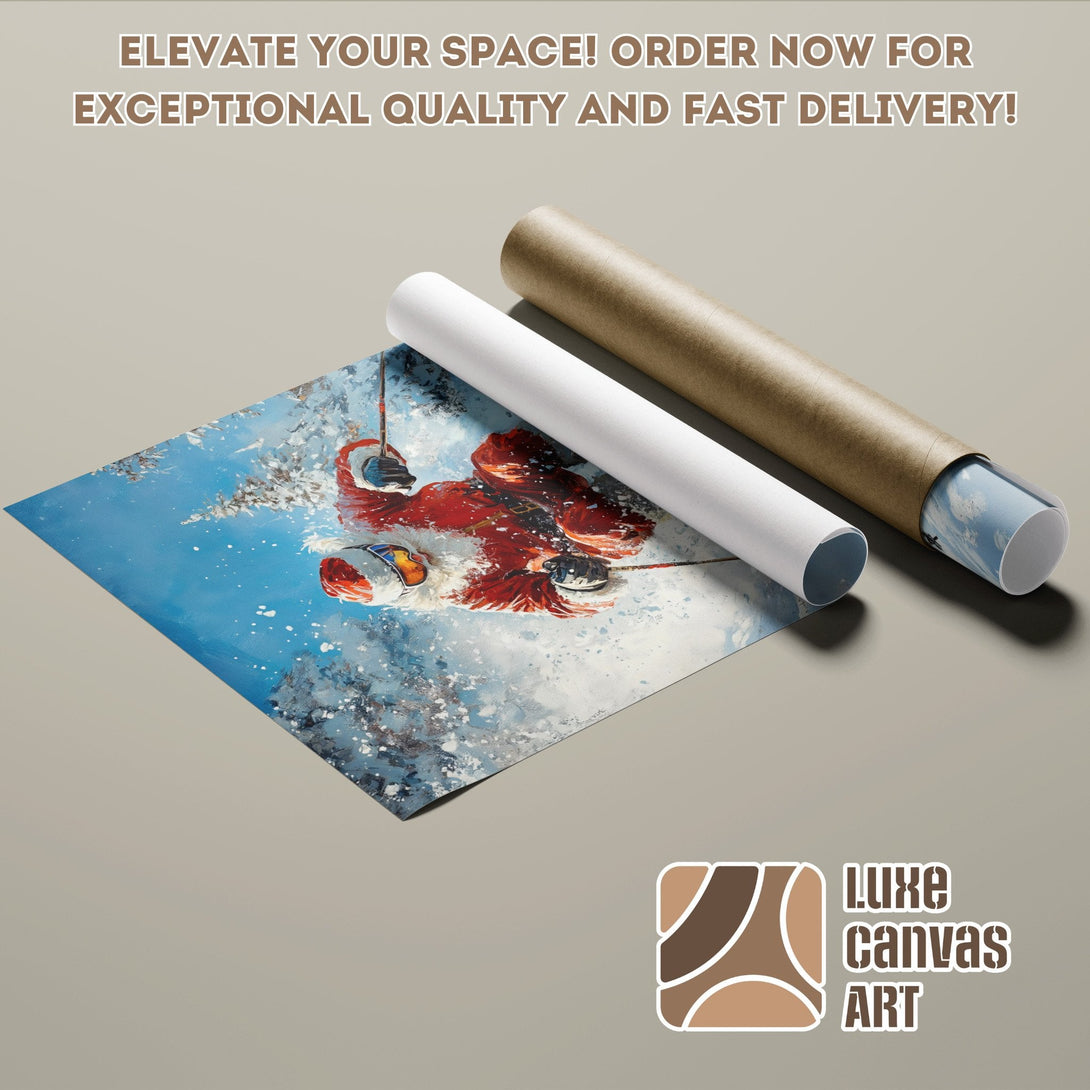 Poster Roll of Santa skiing in winter, vibrant colors, artistic style. Get yours today!