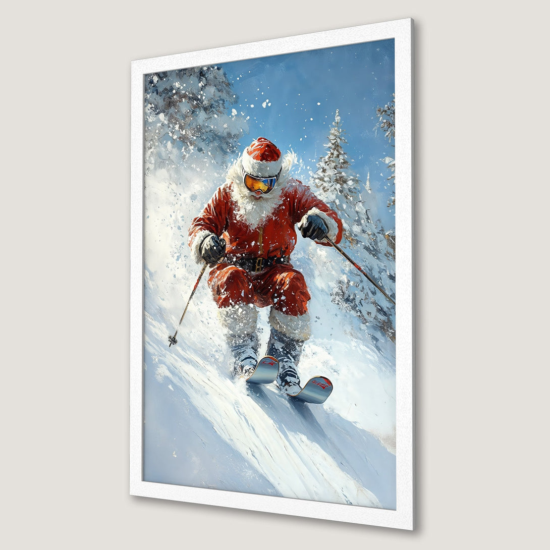 Framed Poster featuring Santa skiing in a winter wonderland. Artistic style with red, white, and blue color palette. Perfect Christmas decor!