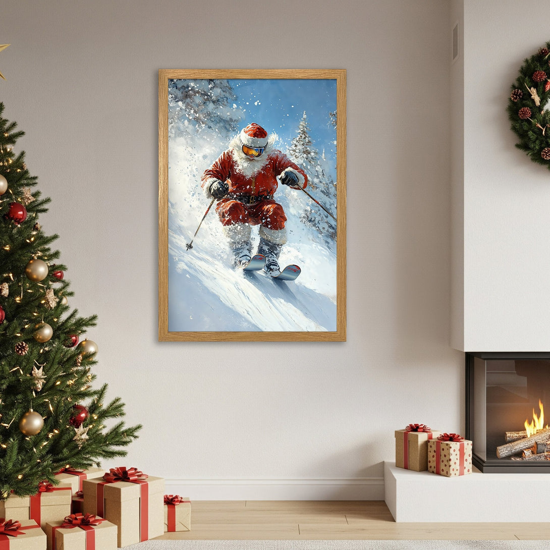 Framed Poster of Santa skiing in winter. Festive art with red, white, and blue color palette. Perfect Christmas decor for your home!