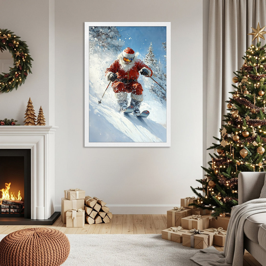 Framed Poster featuring Santa skiing down a snowy mountain. Festive art in red, white, and blue tones, perfect for holiday decor.