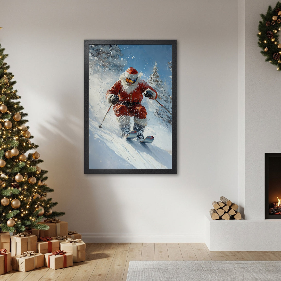 Framed Poster featuring Santa skiing, winter scene. Festive art with red, white, and blue color palette. Perfect Christmas decor!