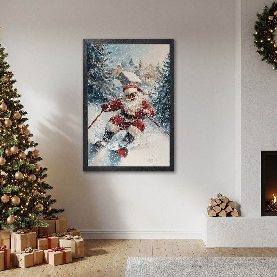 Framed Poster featuring Santa skiing in a snowy village, watercolor style, with red, white, and blue color palette. Perfect Christmas decor!