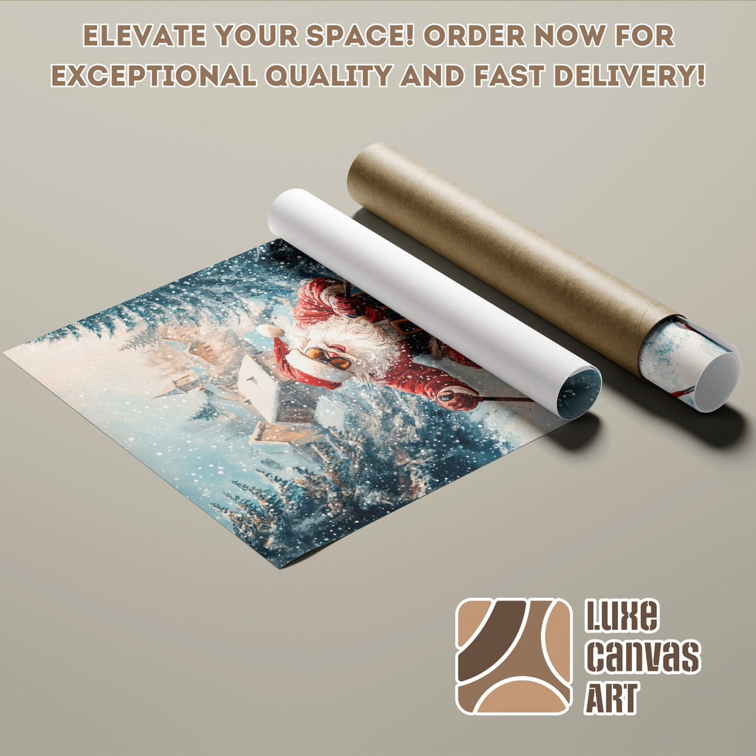 Poster Roll featuring a whimsical Santa Claus scene in a snowy landscape with a blue, red, and white color palette.