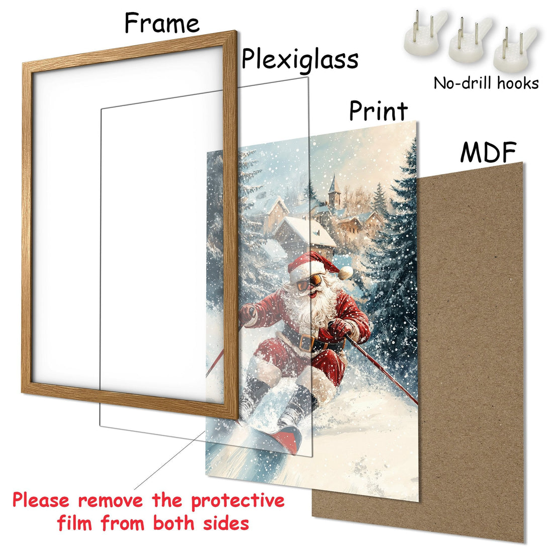 Framed Poster of Santa skiing in a winter wonderland. Watercolor style with a warm, festive color palette. Perfect holiday decor!