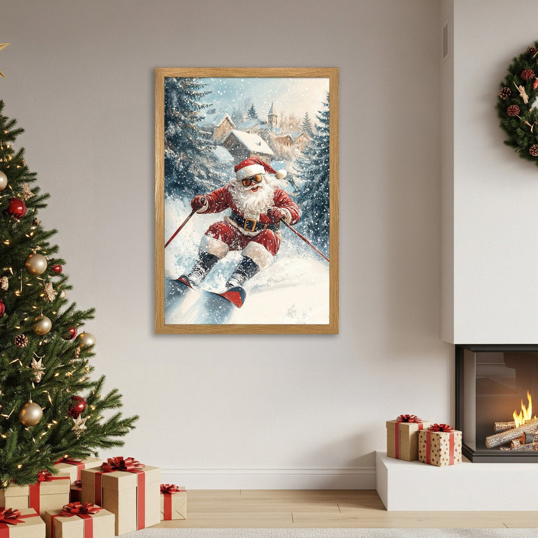 Framed Poster featuring Santa skiing in a snowy landscape, with a festive color palette of red, blue, and white. Perfect Christmas decor!