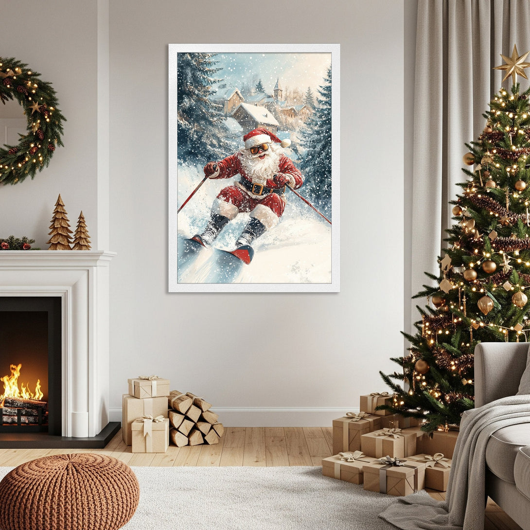 Framed Poster featuring Santa skiing in a winter wonderland. Watercolor style, festive red, blue, and white color palette. Perfect Christmas decor!