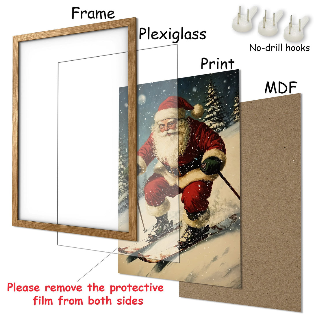 Framed Poster of Santa skiing in a vintage style, featuring a red and white color palette. Perfect holiday decor!