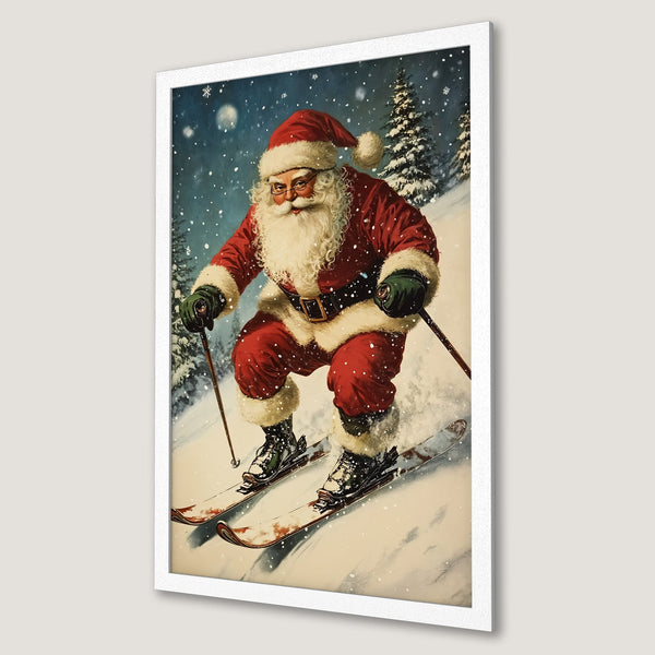 Framed Poster featuring Santa skiing down a snowy mountain. Vintage style with red, white, and blue color palette. Perfect Christmas decor!