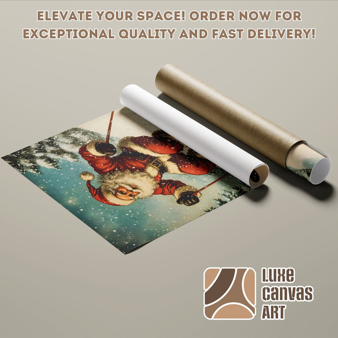 Santa Claus Poster Roll, vintage style, red & blue color palette. Order now for fast delivery!