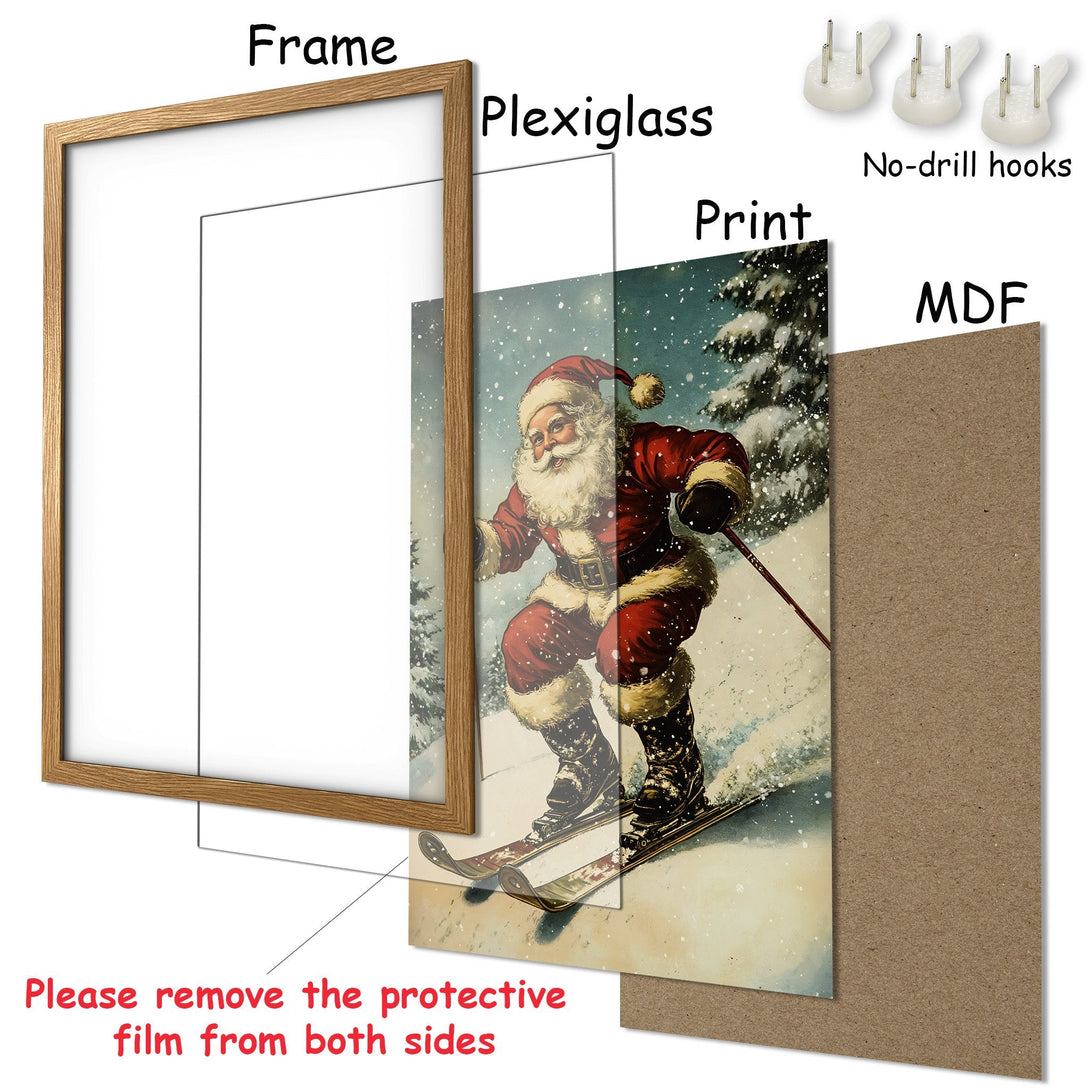 Framed Poster featuring Santa skiing in a vintage style with red and wintery blue tones. Perfect Christmas decor!