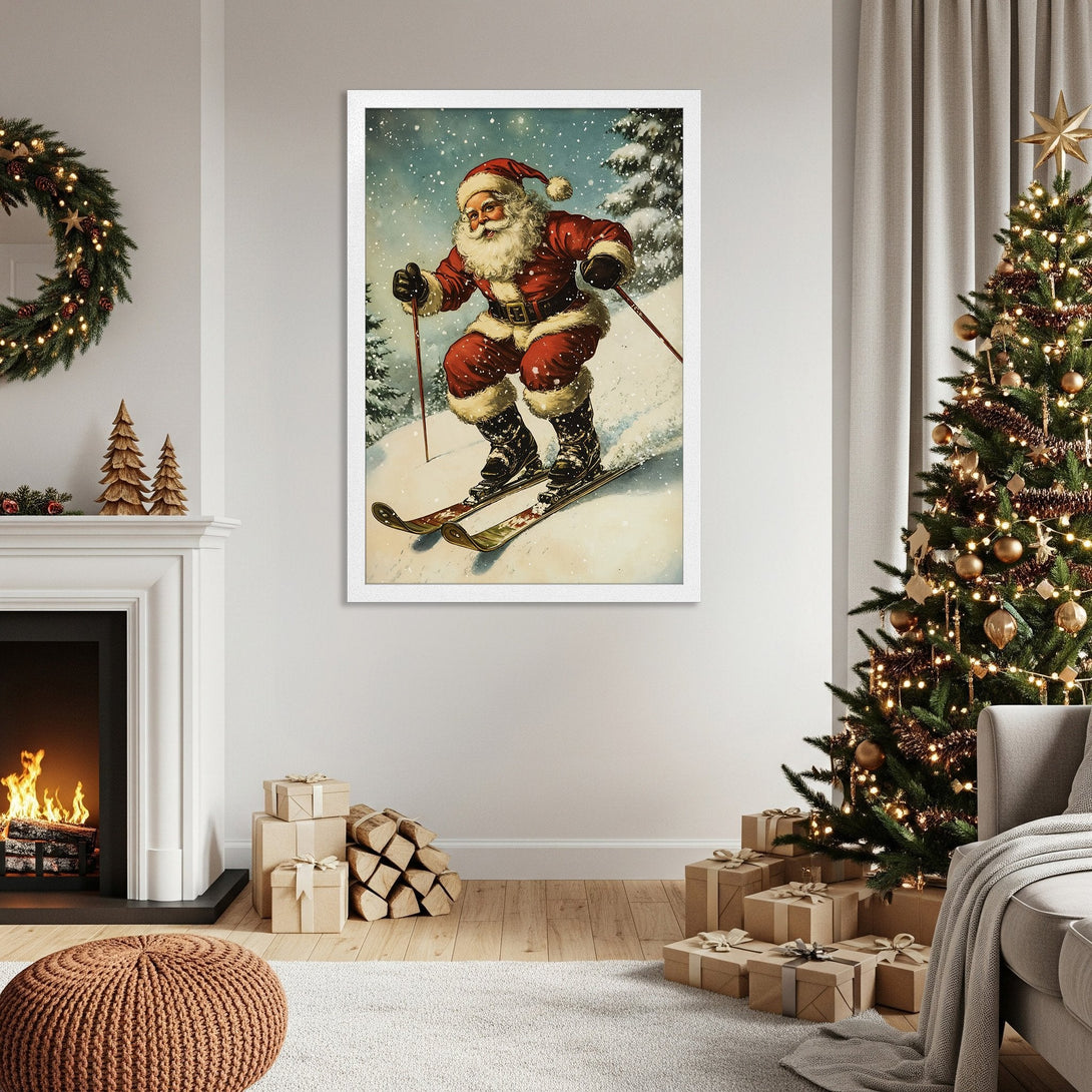 Framed Poster featuring Santa skiing in a vintage style. Festive red and white color palette perfect for holiday decor. Add Christmas cheer!